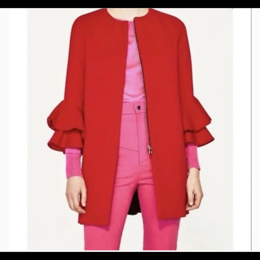 ZARA | Red Women’s 3/4 Ruffle Sleeve Coat